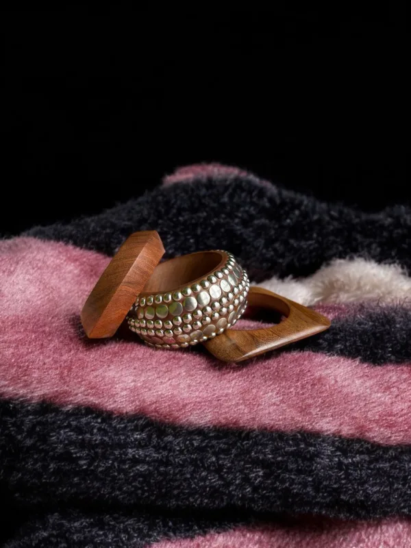 Silver Chunky Wooden Bangle Stack (2.4-2.6) Medium