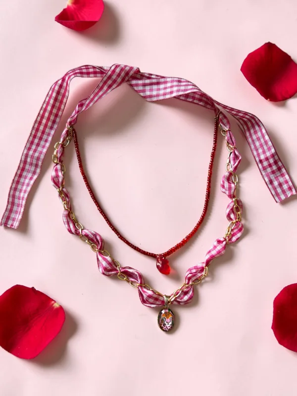 Glass Red Heart and Pink Panther Layered Necklace