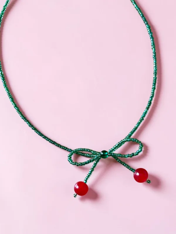 Green Bow-Cherry Necklace
